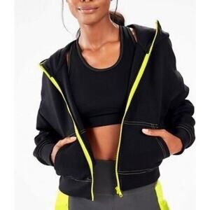 Fabletics Stacey Hooded Cropped Jacket Full Zip Workout Black Yellow Womens S